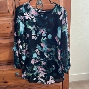 Investments Floral Sheer Womens Shirt PS Black Cutout Long Sleeve Tunic NWT